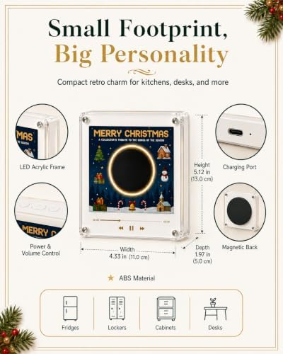 Magnetic Fridge Vinyl Music Box Christmas - 128MB NFC Magnetic Fridge Music Player with 9 Vinyl Style Discs & LED Light, Mini Vinyl Record Player for Holiday Home Display & Gifting，A