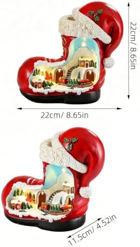 ARTIBETTER Santa Boot Music Box with Lighted Miniature Village & Rotation Train Animated Christmas Table Decoration for Living Room, Holiday Centerpiece, Gifting