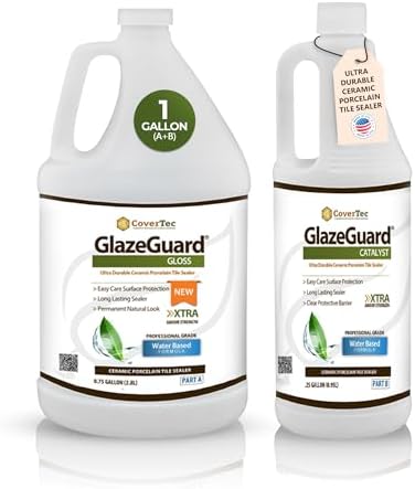 CoverTec GlazeGuard High Gloss Tile & Grout Sealer Kit, Wet Look Shower, Floor & Wall Sealer for Ceramic & Porcelain Tile, Natural Stone, 2-Part A+B, Makes 1 Gallon
