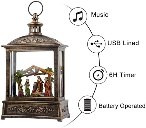 12.5'' Christmas Snow Globe Lighted Manger Nativity Scene, Musical Water Lantern Play Silent Night Music in Swirling Glitter, for Home, Battery Operated or USB Powered