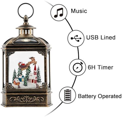 VISFLAIR Christmas Snow Globe Lighted Church & Flying Santa Scene, Musical Snow Water Lantern Swirling Glittering Home Decoration and Gift, Battery Operated or USB Powered