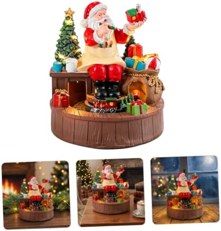Rotating Resin Santa Claus Musical Christmas Light Box with LED Warm Light and Moving Train Figurine, Battery Operated for Indoor Holiday Celebrations and Festive Home Décor