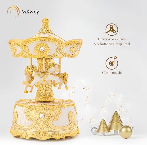 MXwcy 6.2" Horse Carousel Music Box, Vintage Rotating Merry Go Round with Wind Up Melody, Gold & Ivory Musical Carousel Decor, Elegant Tabletop Centerpiece & Keepsake Gift for Mom Women Girls