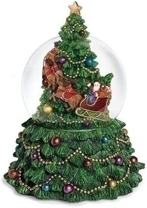 Roman Musical Rotating Christmas Tree Santa and Deer Snowglobe, 100mm, 7.5-inch Height, Tabletop Decor