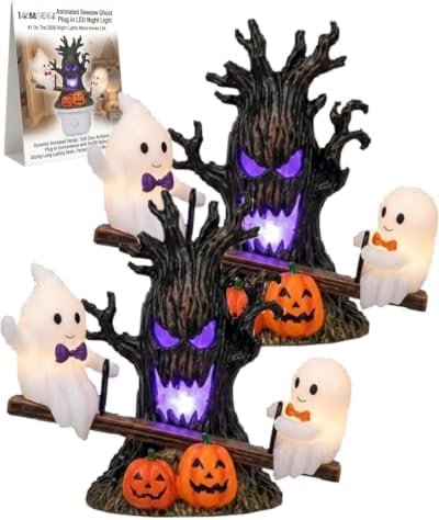 Animated Seesaw Ghost Plug in LED Night Light Halloween Lights with Spooky Tree Pumpkin Design Decor 3D Cute Halloween Ghost Light 2026 New Halloween Pumpkin Trees Lamp Table Lamps