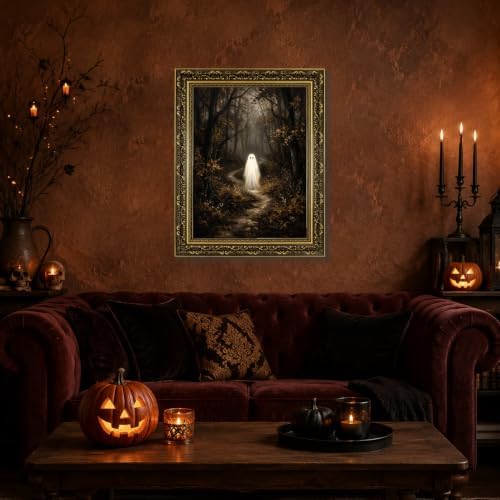 Gold Vintage Framed Ghost In Forest Wall Art, Whimsical Halloween Decor