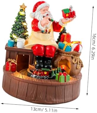 Rotating Santa Workshop Music Box Resin Santa Claus Figurine with Animated Train, Battery Operated, Warm LED Lights, Indoor Holiday Setting Decoration