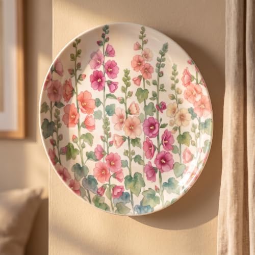 Watercolor Hollyhock Decorative Plates 10 Inch Home Decor Wall Plates with Stand & Hook Entryway Office