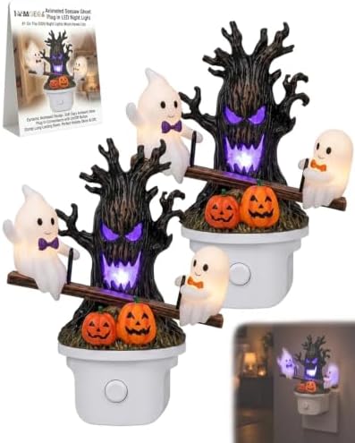 Animated Seesaw Ghost Plug in LED Night Light Halloween Lights with Spooky Tree Pumpkin Design Decor 3D Cute Halloween Ghost Light 2026 New Halloween Pumpkin Trees Lamp Table Lamps