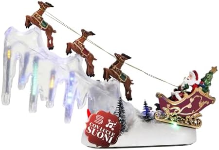 Avilia Christmas Sleigh with LED Lights and Moving Music W29xD6xH29cm for Christmas Decorations for Home and Christmas Villages, Battery Operated, Rotating Scene with Animated Characters