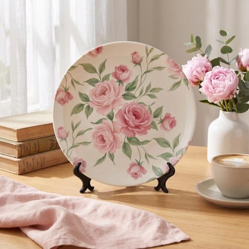 Pink Rose Decorative Plates 10 Inch Romantic Home Decor Wall Plates with Stand Office Kitchen Dining Room