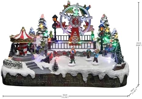 Christmas Village, Animated Carnival Led Rotating Carousel, Rotating Ferris Wheel & Ice Skating Rink