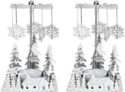 Winter Cabin Holiday Silver Candle Spinners Set of 2 – Silver Plated Laser Cut Christmas Cabin Scene Tea Light Candle Holders with Snowflake Charms – 5" Holiday Tabletop Décor