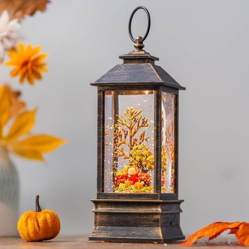 10'' Fall Snow Globe Lantern, Thanksgiving Lighted Lantern, Swirling Glitter Snow Globe for Fall Harvest Day Decorations, Home Fall Decor Gift (Truck&Pumpkins)