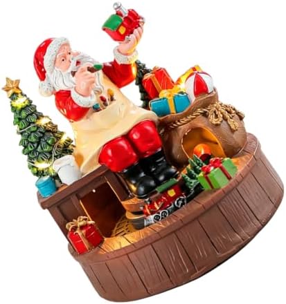 DOITOOL Resin Music Box Battery Operated Christmas with Rotating Santa Figurine and LED Warm Light Vintage Style Xmas Music Box for Tabletop Decor and Window Displays