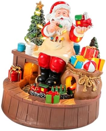 DOITOOL Lighted Santa Workshop Music Box Resin Christmas Music Box with Rotating Train Figurine, Battery Operated Tabletop Holiday Decor with Warm LED Lights for Indoor Holiday Setting