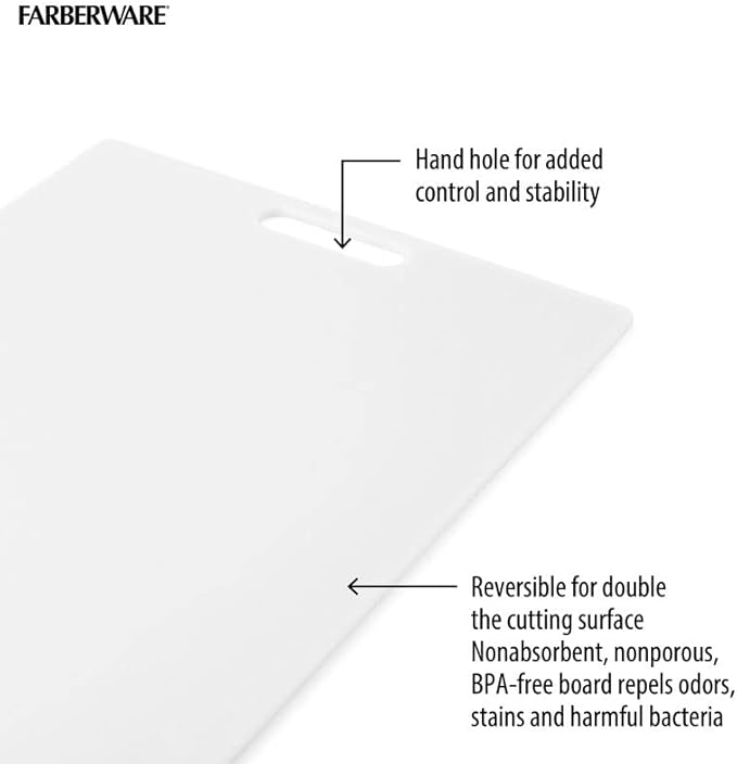 Farberware Extra-Large Plastic Cutting Board, Dishwasher- Safe Poly Chopping Board for Kitchen Meal Prep with Easy Grip Handle, 12-inch by 18-inch, White