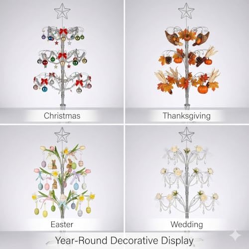 HOHIYA 47" Rotating Ornament Display Tree 60 Hooks Silver Metal Stand