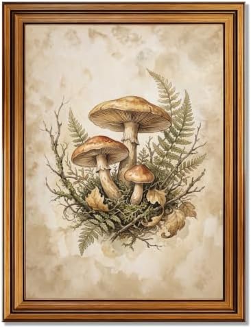 Mushroom Forest Wall Art, Gold Vintage Framed Halloween Decor Print