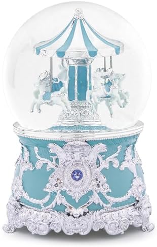 Carousel Music Box Moose Silver & Turquoise Christmas Snow Globes, 7.1" Rotate Carousel Snow Globe for Kids & Adults, Classic Wind up Musical Snow Globe Valentines Day Gifts for Women Girls Home Decor