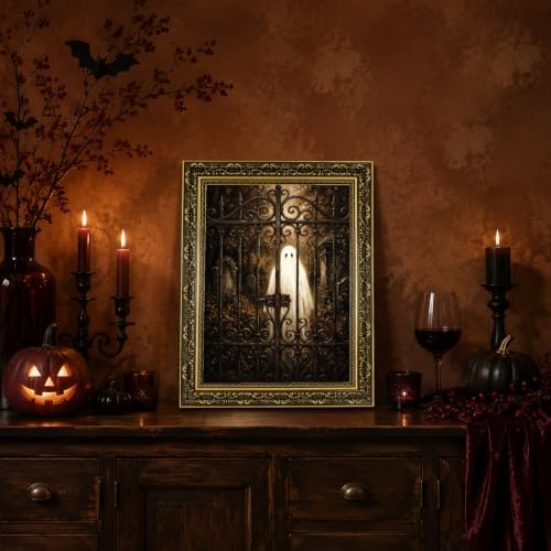Gold Vintage Framed Ghost Wall Art, Spooky Halloween Cemetery Print