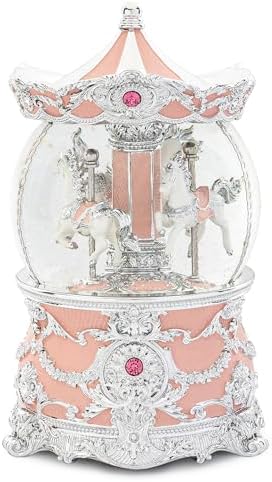 Carousel Music Box Silver & Pink Christmas Snow Globes, 8.3" Rotate Carousel Snow Globe for Kids & Adults, Classic Wind up Musical Snow Globe Valentines Day Gifts for Women Girls Carousel Horse Decor