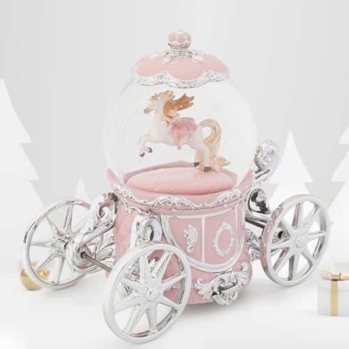 Unicorn Princess Carriage Snow Globe Music Box, 7" Pink Light Up Musical Snow Globe with La Vie en Rose Melody, Rotating Glitter Globe Decor for Girls Women, Birthday Christmas Valentine's Day Gift