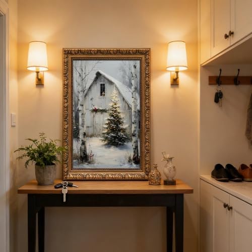 Rustic Christmas Barn Poster Winter Farmhouse Snow Landscape Wall Art