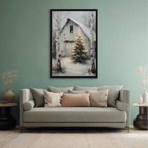 Rustic Christmas Barn Poster Winter Farmhouse Snow Landscape Wall Art
