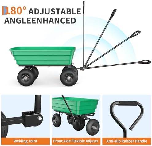 Heavy-Duty 600 lb Garden Dump Cart with 4 Cu.Ft. Capacity, 180° Pivoting Handle & 10" All-Terrain Wheels – Green Bucket with Black Iron Frame