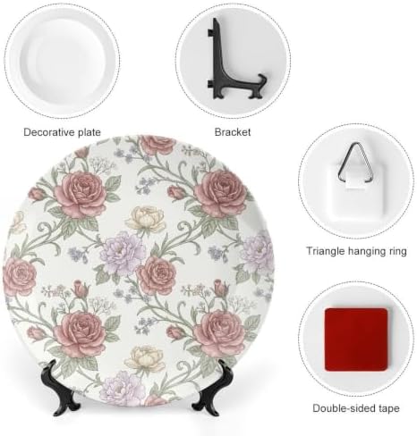 Rose Decorative Plates 10 Inch Botanical Floral Summer Wall Art Plates with Stand Home & Office