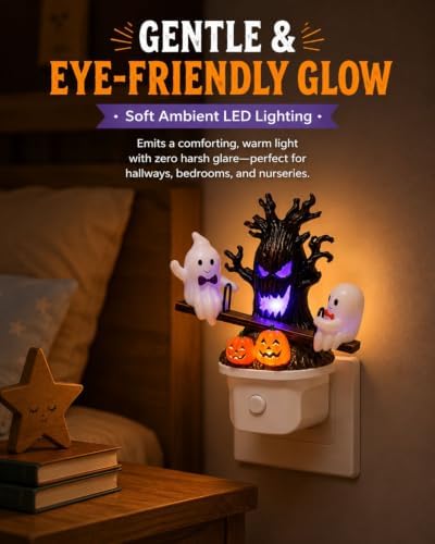 Animated Seesaw Ghost Plug in LED Night Light Halloween Lights with Spooky Tree Pumpkin Design Decor 3D Cute Halloween Ghost Light 2026 New Halloween Pumpkin Trees Lamp Table Lamps