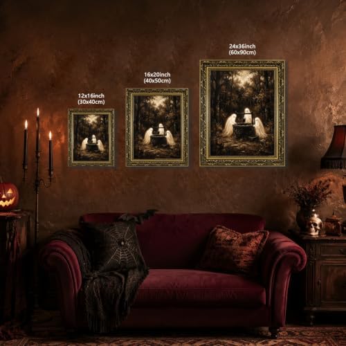 Gold Vintage Framed Ghost Wall Art, Spooky Halloween Forest Print