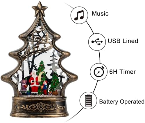 Musical Snow Globe Christmas Tree Lantern Lighted Santa List Christmas Snow Water Lantern Swirling Glittering Home Decoration and Gift, Battery Operated or USB Powered