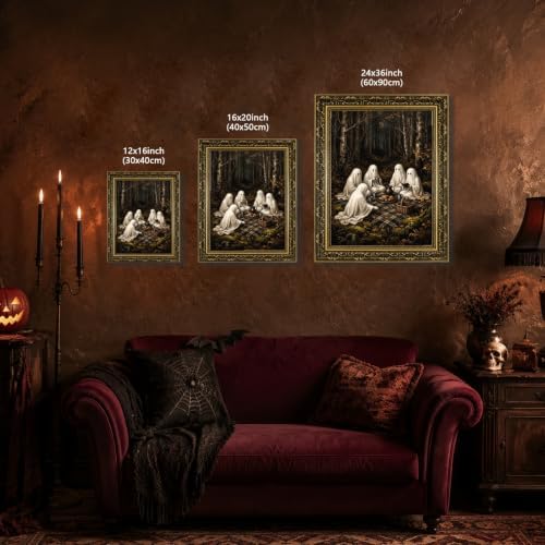 Gold Vintage Framed Ghost Picnic Wall Art, Whimsical Halloween Forest Print