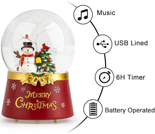 Christmas Glass Snow Globe Glitter Spinning Water Lantern Lighted Musical Snowman with Holiday Tree Scene, 6H Timer Battery & USB Powered Light for Home Decoration