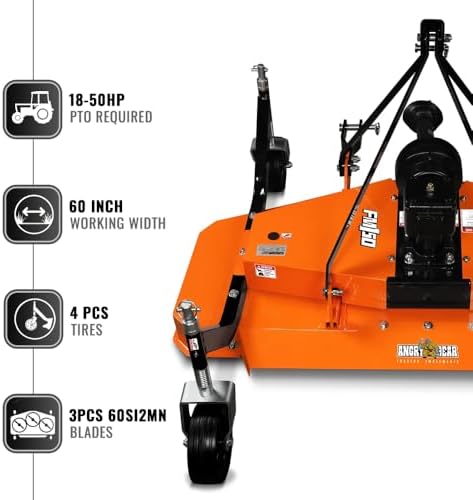 3 Point PTO 60'' Working Width Finish Mower Attachment for 18-50hp Tractor, Category 1 Hitch, 4-Tires, 0.4'' - 4.5'' Adjustable Cutting Height, Model FM150