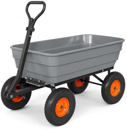 Heavy-Duty 1200 lb Poly Garden Dump Cart with 180° Adjustable Handle, Quick-Release Dump & All-Terrain Utility Wagon – Gray Bucket with Orange Rims