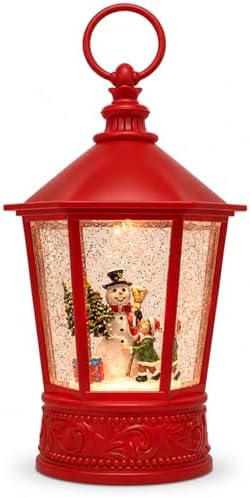 Snowman Christmas Snow Globe Lantern, 10.5" Lighted Musical Water Lantern with Swirling Glitter, 8 Christmas Songs, USB & Battery Operated, 6H Timer, Vintage Red Tabletop Christmas Decor