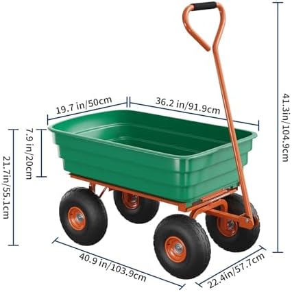 Heavy-Duty 1200 lb (125L) Poly Garden Dump Cart with 180° Pivot Handle, 10" All-Terrain Tires & Quick-Release Dump – Green Bucket with Orange Accents
