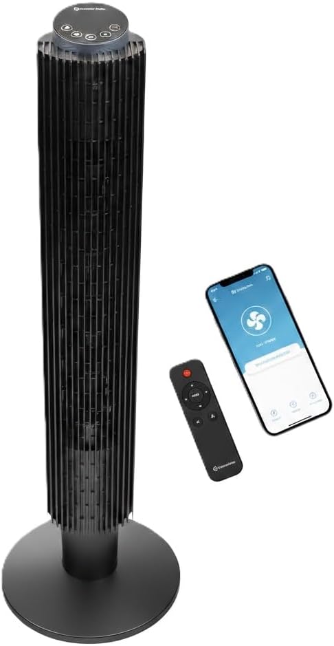 Comfort Zone 42-Inch Smart Wi-Fi Oscillating Tower Fan – 5 Speeds, 3 Modes, Adjustable 36–42" Height, Bladeless Quiet Standing Fan with Remote, 12H Timer & App Control for Bedroom, Home & Office