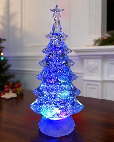 Snow Globe Christmas Tree - 12.4" Lighted Christmas Snow Globe Lantern with Color Changing LED, Battery/USB Operated Timer Crystal Tree Indoor Holiday Decor Gift