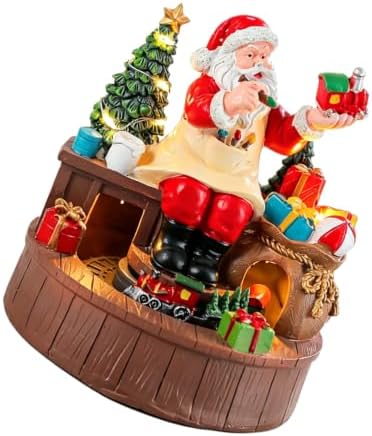 Resin Santa Claus Music Box and LED Warm Light with Rotating Train Figurine Battery Operated Christmas Musical Box Ornament for Indoor Celebrations and Window Displays