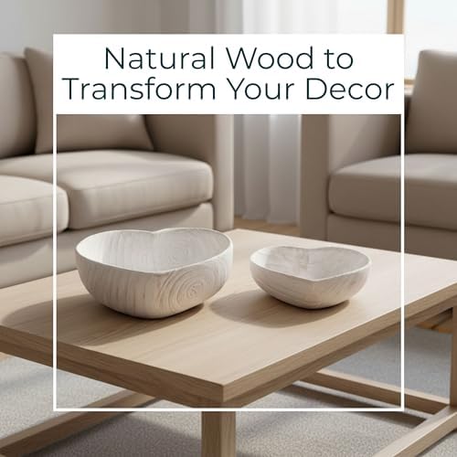 Paulownia Wood Decorative Bowls – Accent Bowl Set for Catch-All Storage, Table or Shelf Styling in Living Room or Bedroom – Heart Shape Decorative Character Detail, Home Decor – 9"&10", White Finish