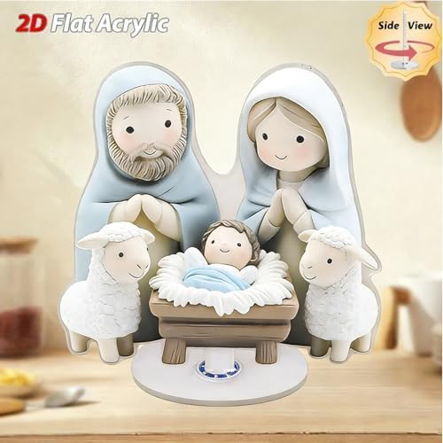 Creative Flat Nativity Sculpture Display with Base for Shelf Mantels Christmas Party Rotating Acrylic Ornament