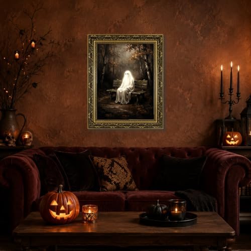 Gold Vintage Framed Ghost Wall Art, Spooky Forest Halloween Decor