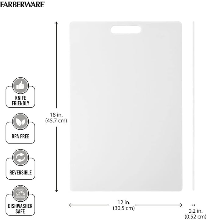 Farberware Extra-Large Plastic Cutting Board, Dishwasher- Safe Poly Chopping Board for Kitchen Meal Prep with Easy Grip Handle, 12-inch by 18-inch, White