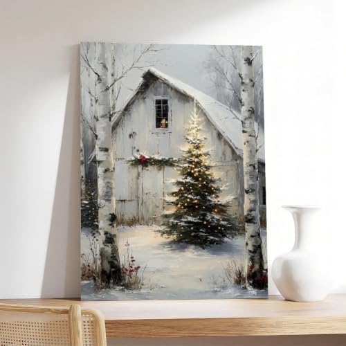 Rustic Christmas Barn Poster Winter Farmhouse Snow Landscape Wall Art