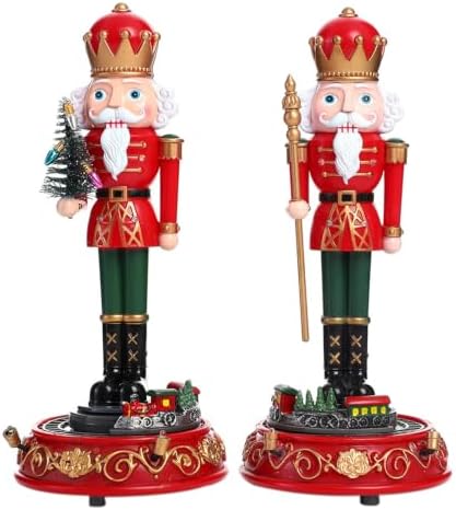 VOSAREA 2pcs Traditional Nutcracker Figurines Music Box - Christmas Tabletop Nutcracker Decor with Wind-up Spinning Train - Holiday Shelf Centerpiece for Home Office