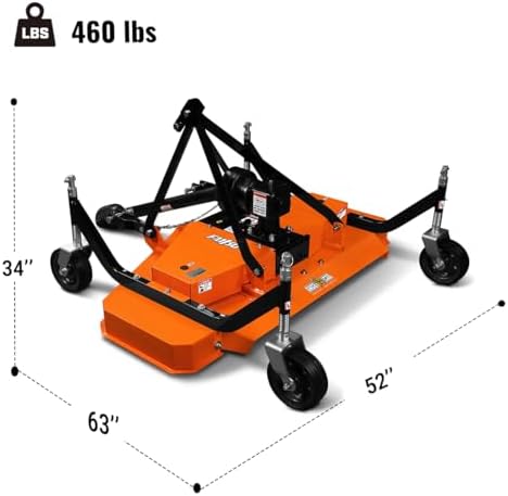 3 Point PTO 60'' Working Width Finish Mower Attachment for 18-50hp Tractor, Category 1 Hitch, 4-Tires, 0.4'' - 4.5'' Adjustable Cutting Height, Model FM150